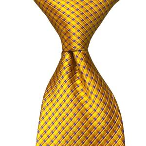 Vintage Ike Behar Silk Necktie Check Mens Orange Gold Wedding Jacquard Business